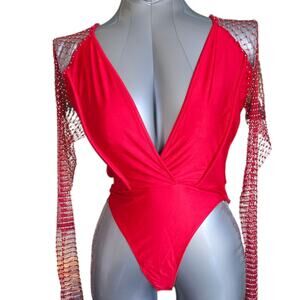 NWT ENVME Red Mesh Sleeve Bodysuit - Beaded Detail, Size S